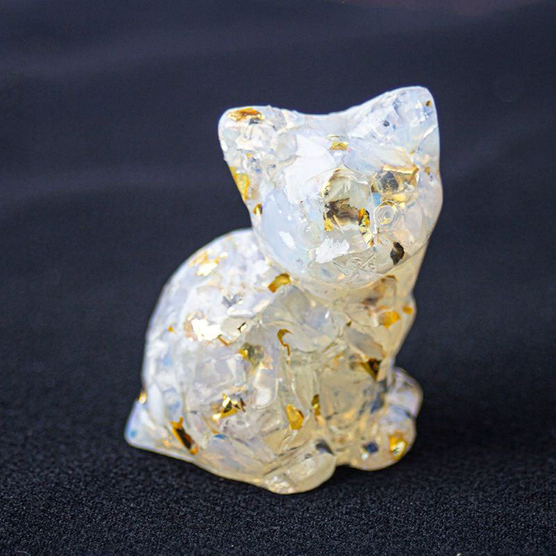 Handmade Natural Crystal Gemstone Sitting Cat - White Opal