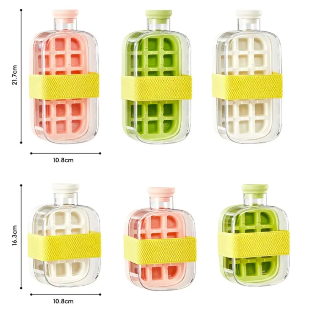 2 in 1 Ice Cube Maker Water Bottle, One- Click Ice Mould Tray with Lid, Bin & Straw