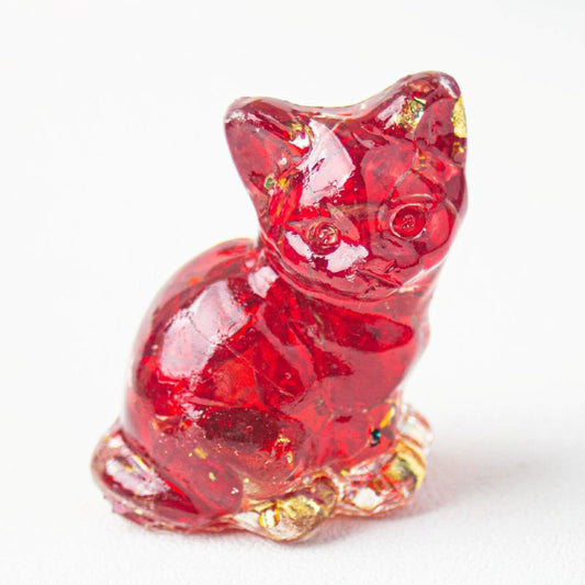Handmade Natural Crystal Gemstone Sitting Cat - Red Glaze
