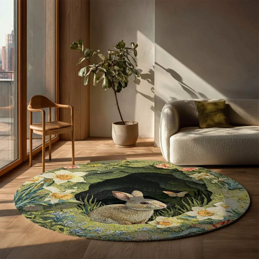 Spring Flower Bunny  - 3D Illusion Round Rug - H639