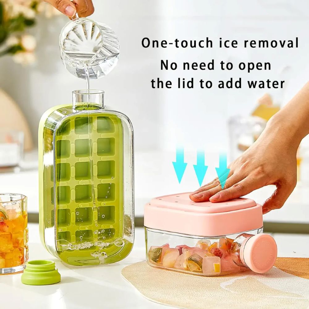 2 in 1 Ice Cube Maker Water Bottle, One- Click Ice Mould Tray with Lid, Bin & Straw