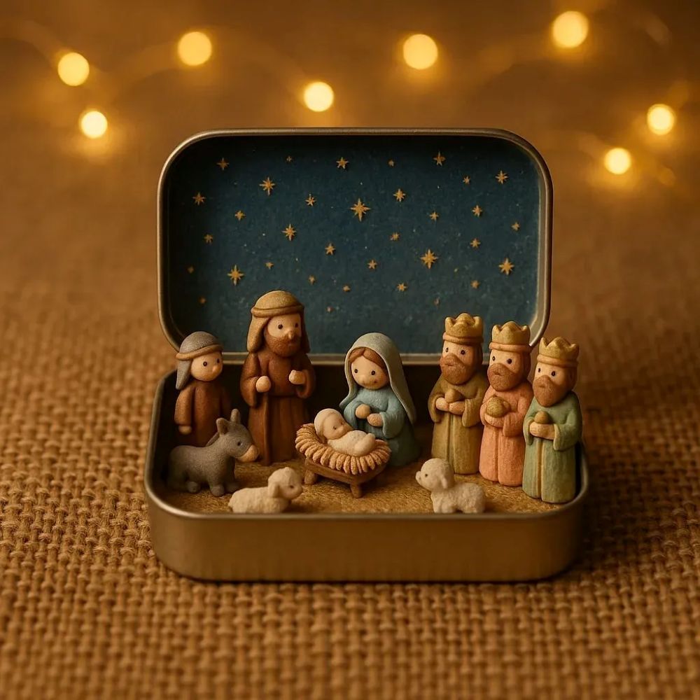 Mini Christmas Nativity Set In A Tin Box