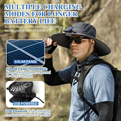 Wide Brim Solar Fan Outdoor Fishing Hat-Solar & USB Charging