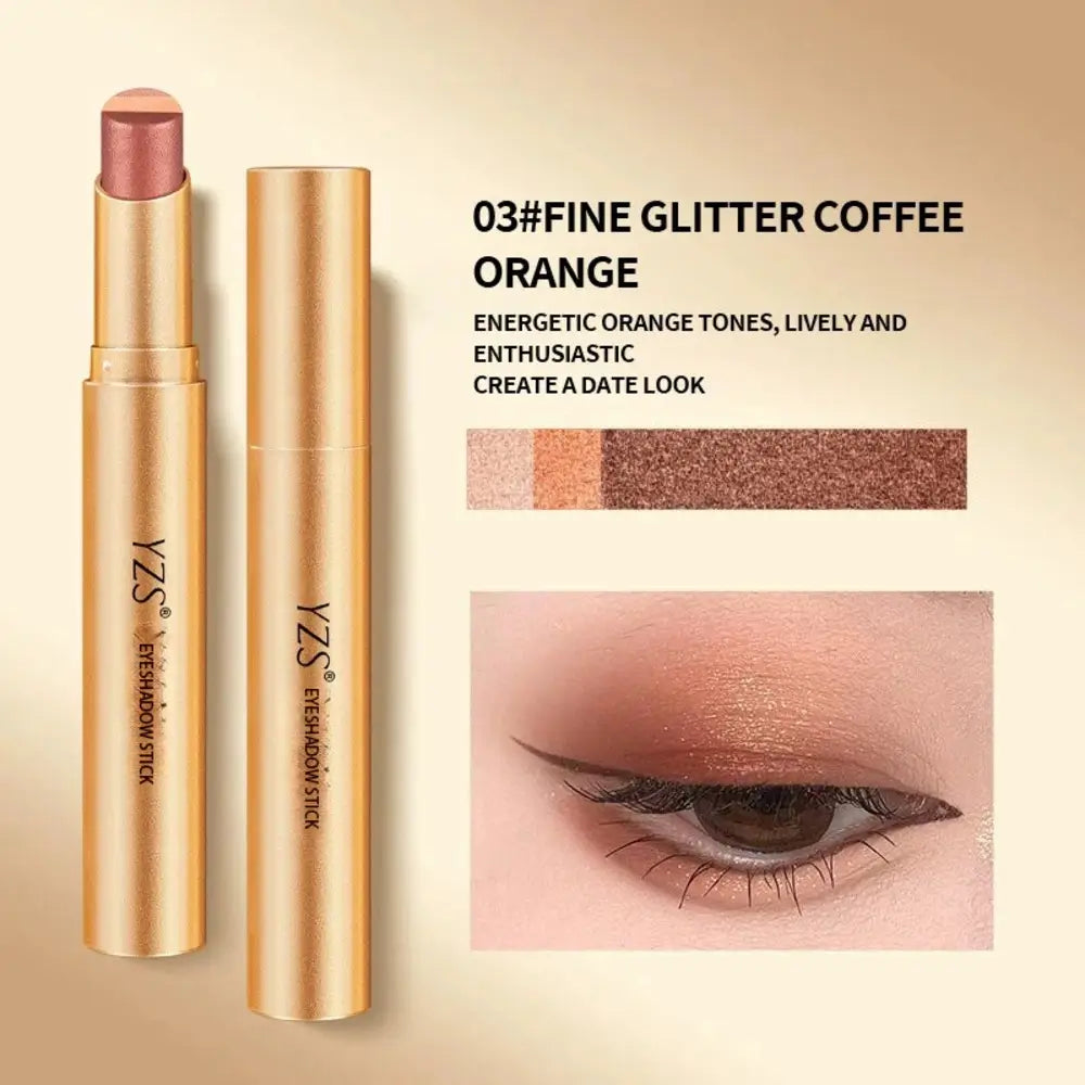 A gold cosmetic stick and its cap shown on a beige background, with text reading '03#FINE GLITTER COFFEE ORANGE' and a small eye makeup swatch. The product appears to be a shimmer eyeshadow stick or lip/eye color in a warm coppery orange shade.