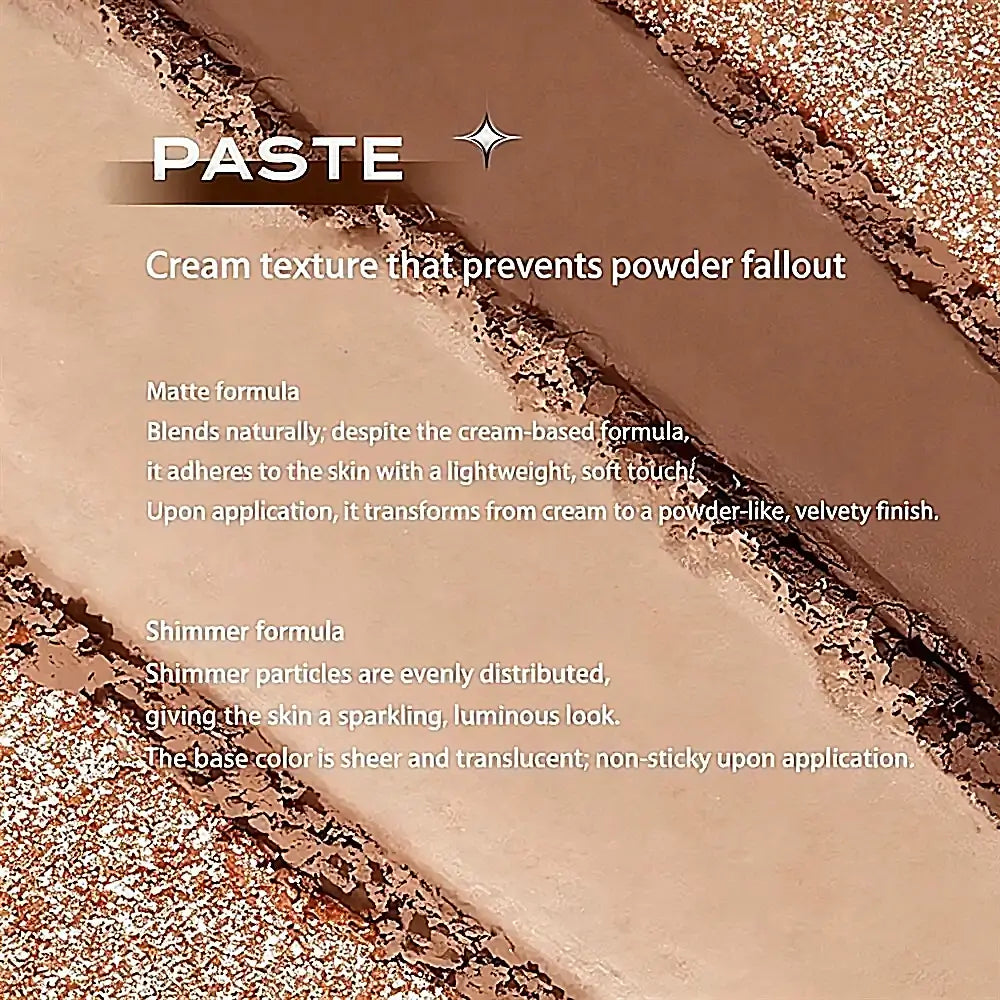 A close-up cosmetic texture graphic labeled 'PASTE' showing two shades of cream makeup applied diagonally: a matte warm beige shade and a shimmery champagne-brown shade. Text describes the cream texture and powder fallout benefits.