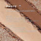 A close-up cosmetic texture graphic labeled 'PASTE' showing two shades of cream makeup applied diagonally: a matte warm beige shade and a shimmery champagne-brown shade. Text describes the cream texture and powder fallout benefits.