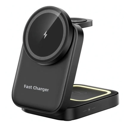A black Mojue wireless charging stand with a circular magnetic charging pad on top and a second charging pad on the base, shown on a solid white background.