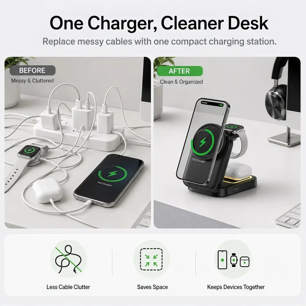 A promotional comparison graphic for a compact wireless charging station. The top text reads 'One Charger, Cleaner Desk.