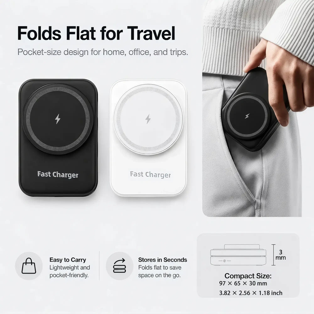 Mojue foldable wireless charging pad shown in black and white, with a lifestyle inset of a hand placing the black version into a pocket. Text highlights travel-friendly pocket size, fast charging, compact dimensions 94 x 70 x 33 mm, and features like easy carry and quick storage.