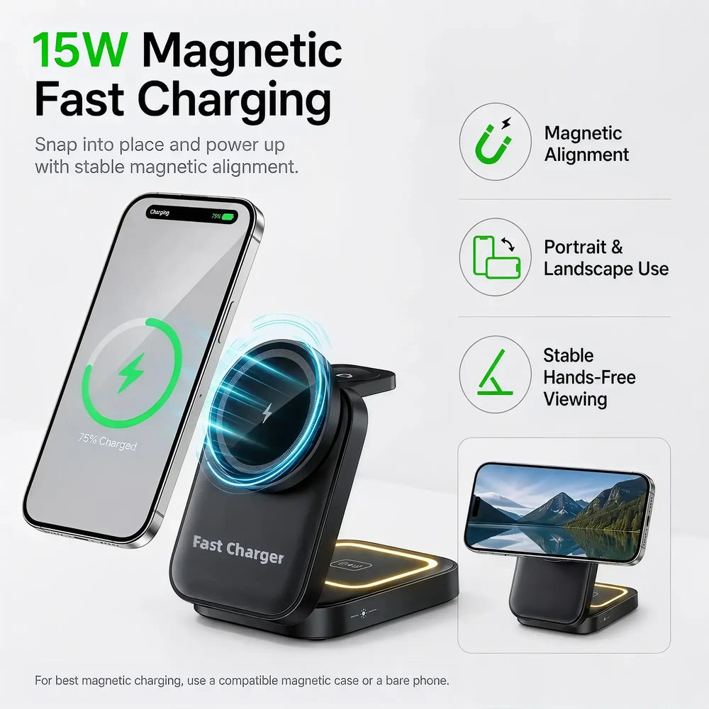 A 15W magnetic fast charging wireless charger shown with a smartphone placed on its charging pad. The graphic includes feature callouts: magnetic alignment, portrait and landscape use, and stable hands-free viewing.