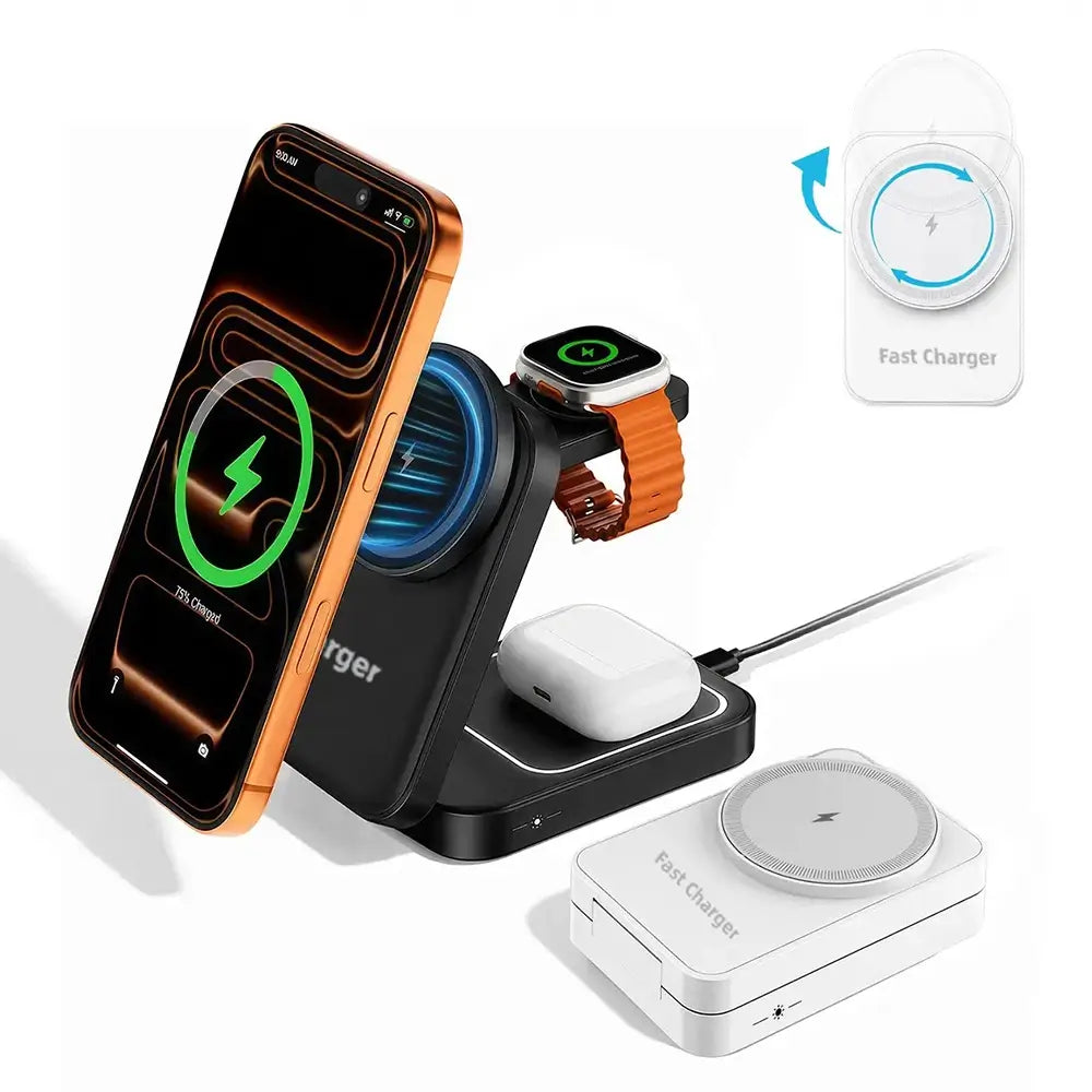 A multi-device wireless charging stand shown with a smartphone, smartwatch, earbud case, and a separate white charging pad on a clean white background. The main charging dock is black, and the accessory pads are white, with blue and green charging graphics on the phone and watch screens.