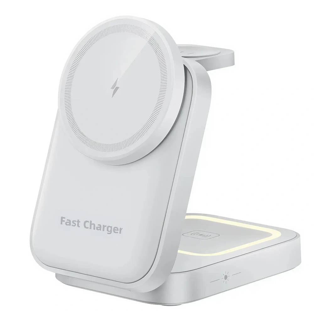 A white multi-device wireless charging stand with a circular MagSafe-style charging pad on the front, a flat charging pad on the base, and the words 'Fast Charger' printed on the side, shown against a plain white background.