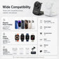 A compatibility and feature infographic for a fast wireless charging pad. The top section shows the black and white charging pad on a clean light background.