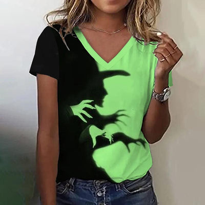 Women's Halloween Witch Shadow Print Casual V-Neck Tee