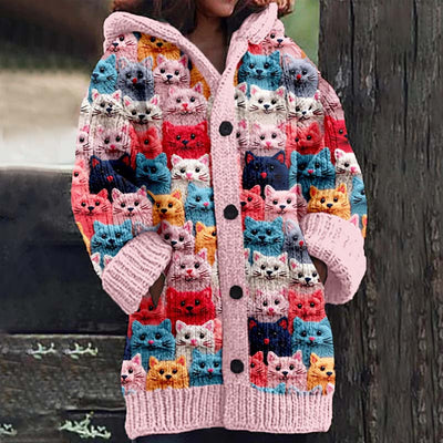 Colorful Cats Pattern Cozy Hooded Cardigan