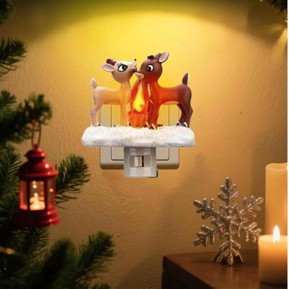 3D Elk Campfire Night Light – Christmas Flickering Flame Ambient Lamp