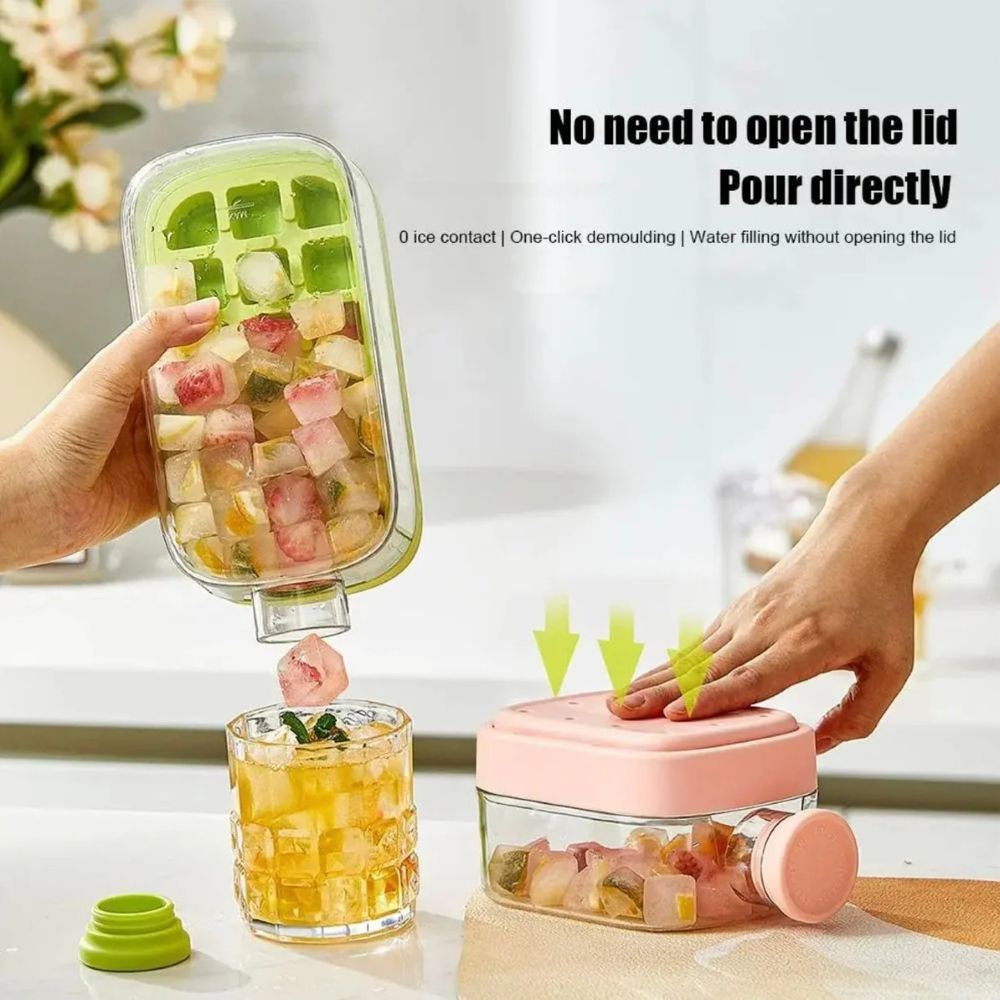 2 in 1 Ice Cube Maker Water Bottle, One- Click Ice Mould Tray with Lid, Bin & Straw
