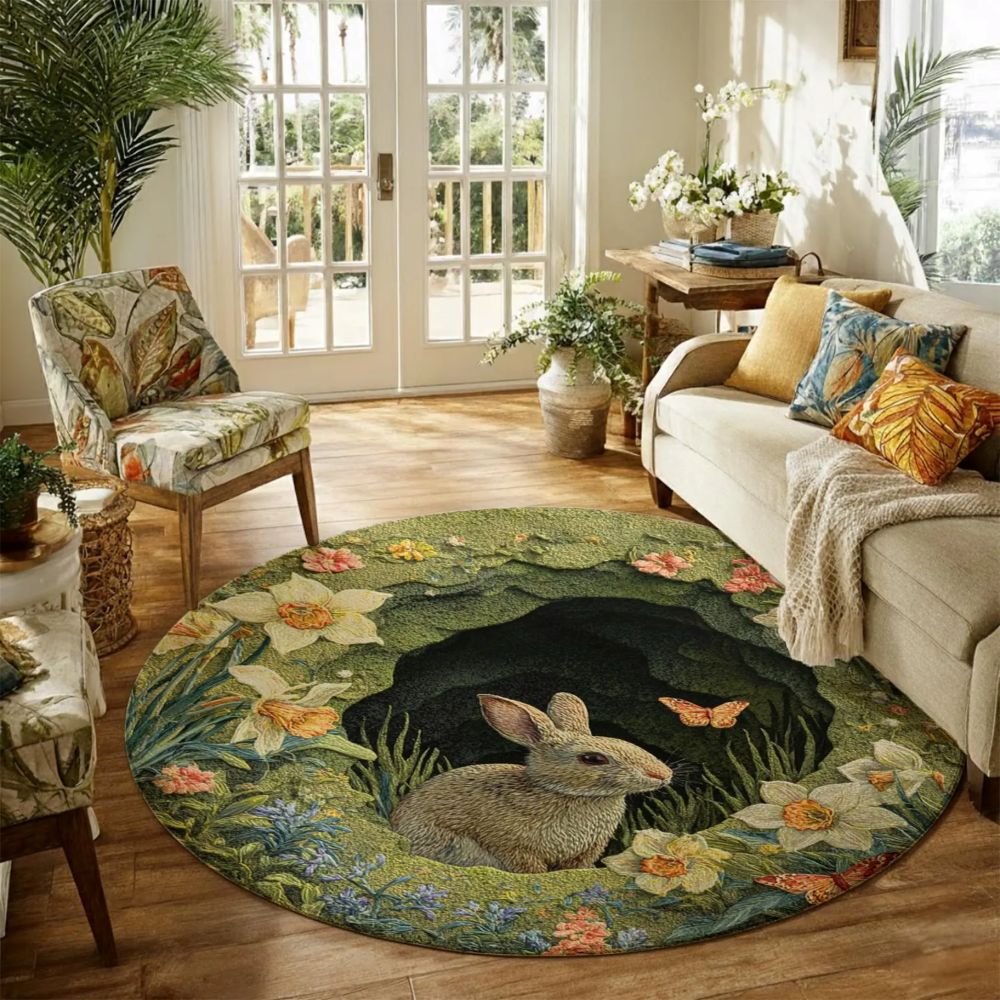 Spring Flower Bunny  - 3D Illusion Round Rug - H639