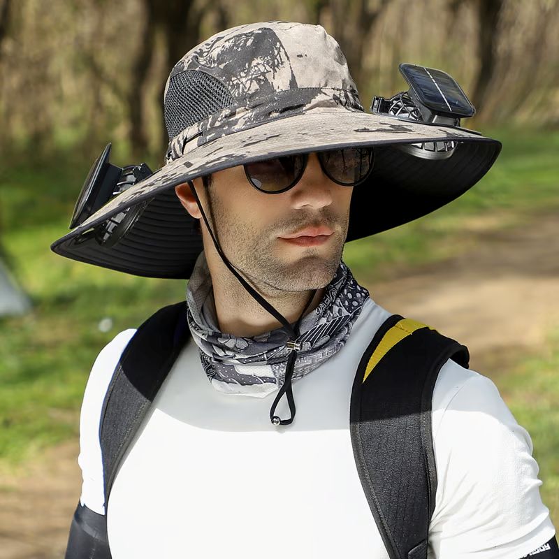 Wide Brim Solar Fan Outdoor Fishing Hat-Solar & USB Charging