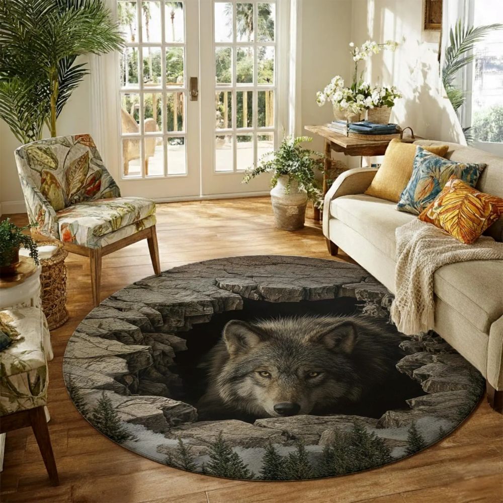 Mystic Wolf Cave - 3D Illusion Round Rug - H635
