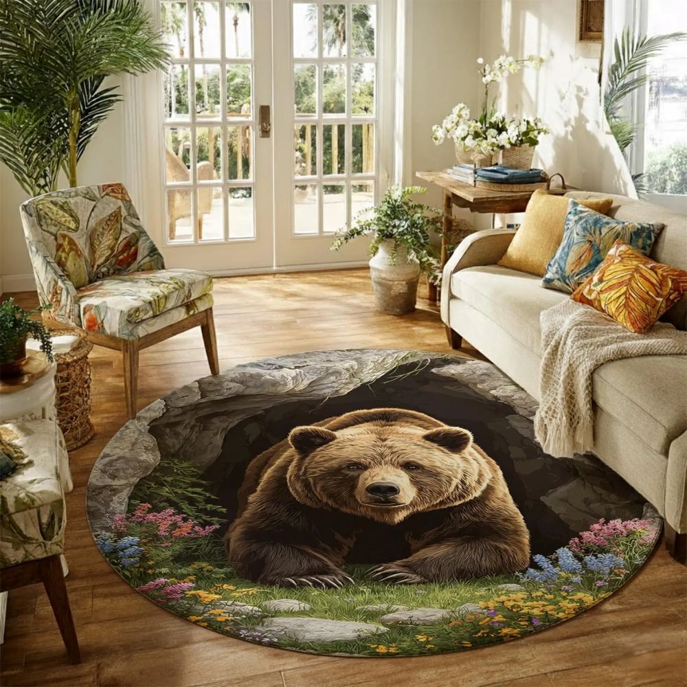 Spring Floral Bear Cave - 3D Illusion Round Rug - H641
