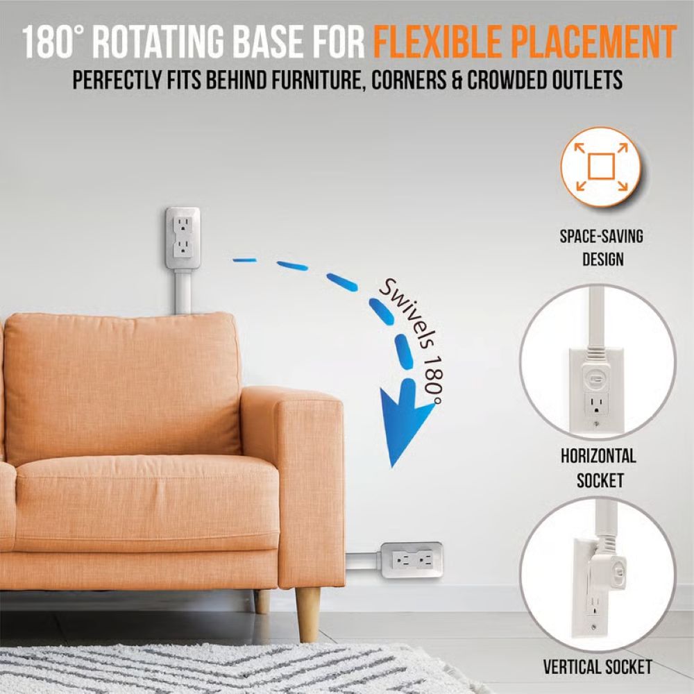 Outlet Electrical Outlet Extender with USB-A USB-C & 2 AC Outlets Extendable 18-28" Rotatable 180° for Couches Desks Nightstands