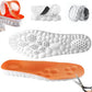 White and orange shoe insoles shown on a white background, with close-up views of the textured footbed, ventilation holes, and a pair of scissors cutting the orange top layer.