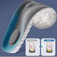Shoe insert with before and after illustrations on a blue grid background