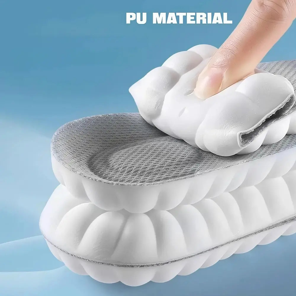 White shoe sole with PU material being wiped by a hand on a blue background