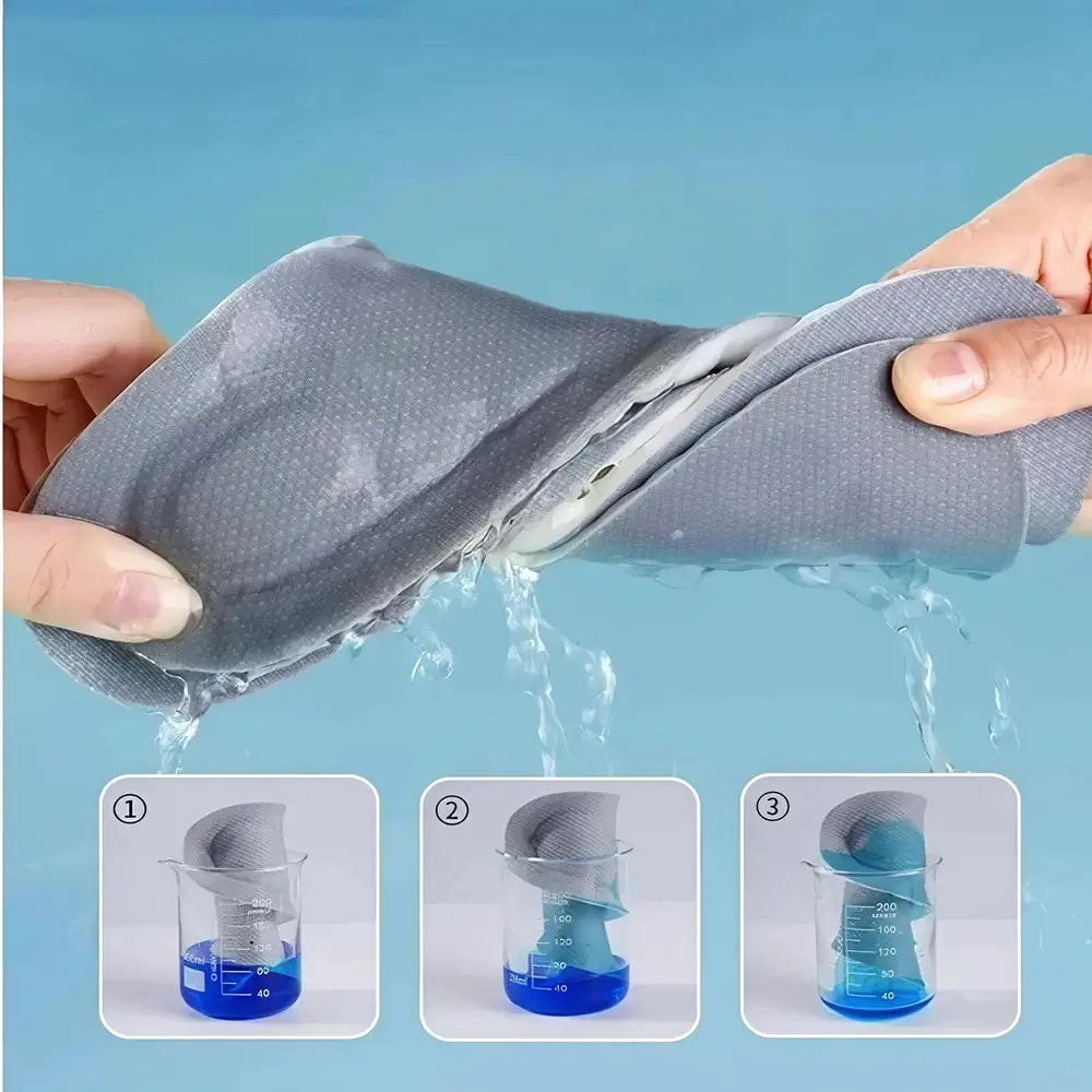 A pair of gray textured shoe insoles being pulled apart by hands to demonstrate breathability, with water dripping from the center. Three inset diagrams at the bottom show the insoles placed in clear cups containing blue liquid, illustrating water drainage.