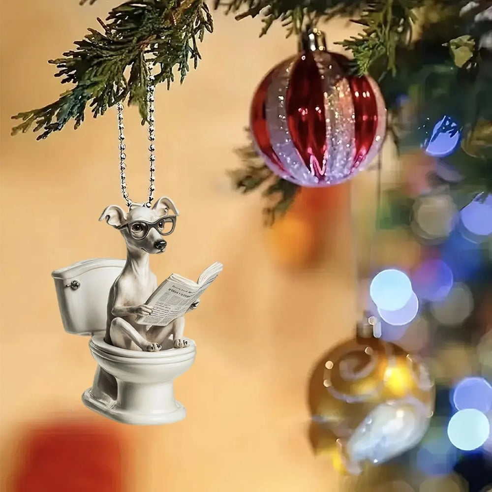 Whippet - Dog Sitting On Toilet Ornament  OT049