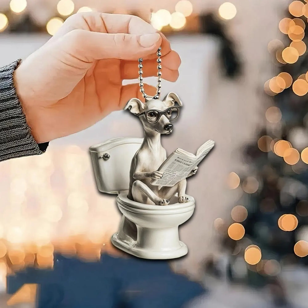 Whippet - Dog Sitting On Toilet Ornament  OT049