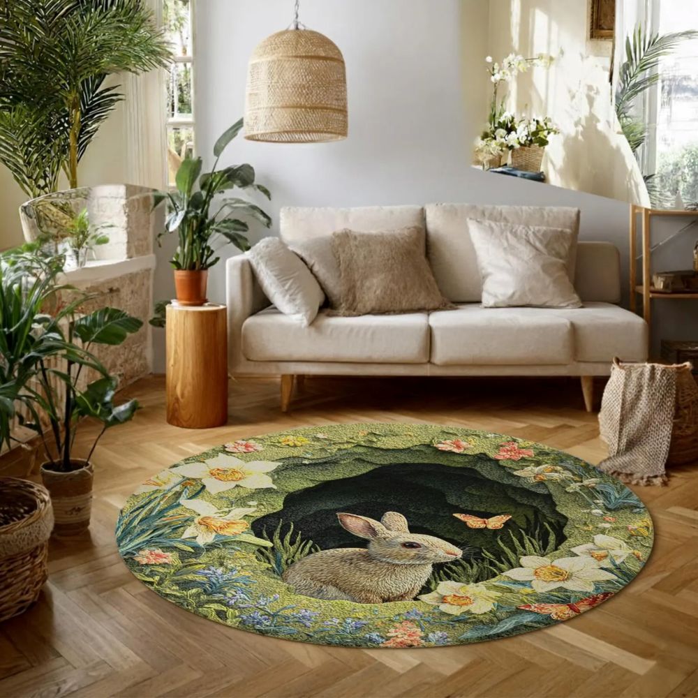 Spring Flower Bunny  - 3D Illusion Round Rug - H639