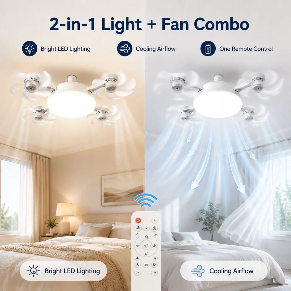 E27 Screw-In Ceiling Fan Light – 19.69" LED Cooling Fan with Remote for Hot Rooms
