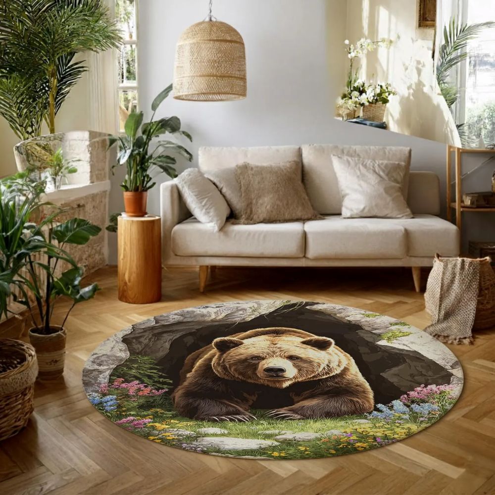 Spring Floral Bear Cave - 3D Illusion Round Rug - H641