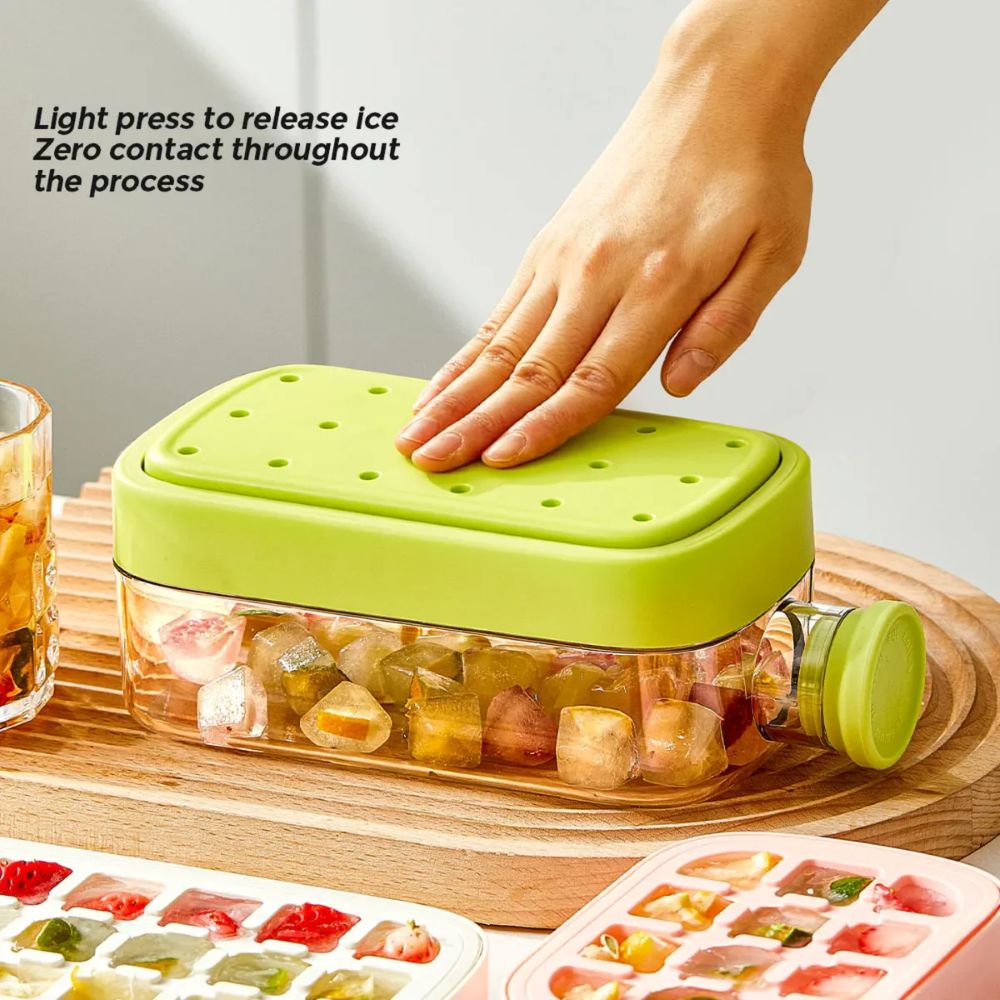2 in 1 Ice Cube Maker Water Bottle, One- Click Ice Mould Tray with Lid, Bin & Straw