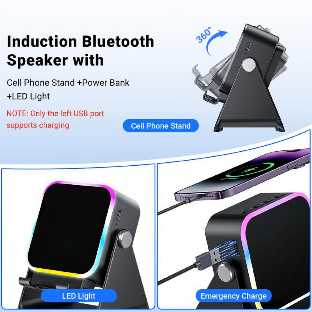 5-in-1 Wireless Induction Bluetooth Speaker with Adjustable Phone Stand