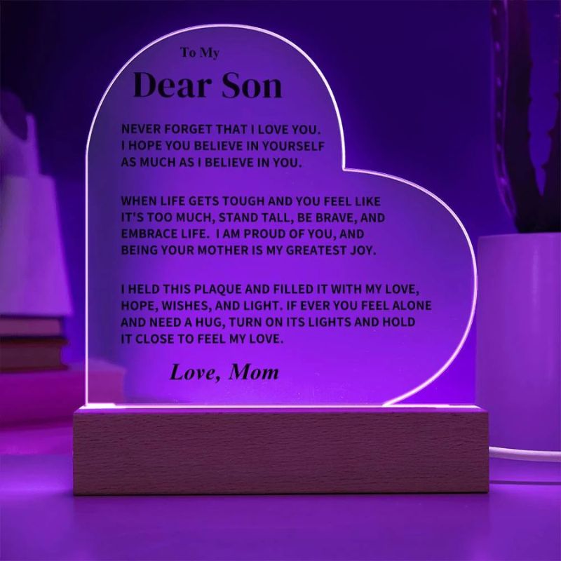 To My Son - From Mom - Never Forget That I Love You - LED Heart Acrylic Plaque