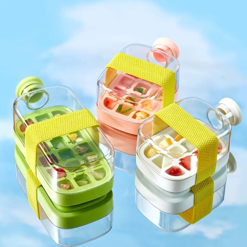 2 in 1 Ice Cube Maker Water Bottle, One- Click Ice Mould Tray with Lid, Bin & Straw