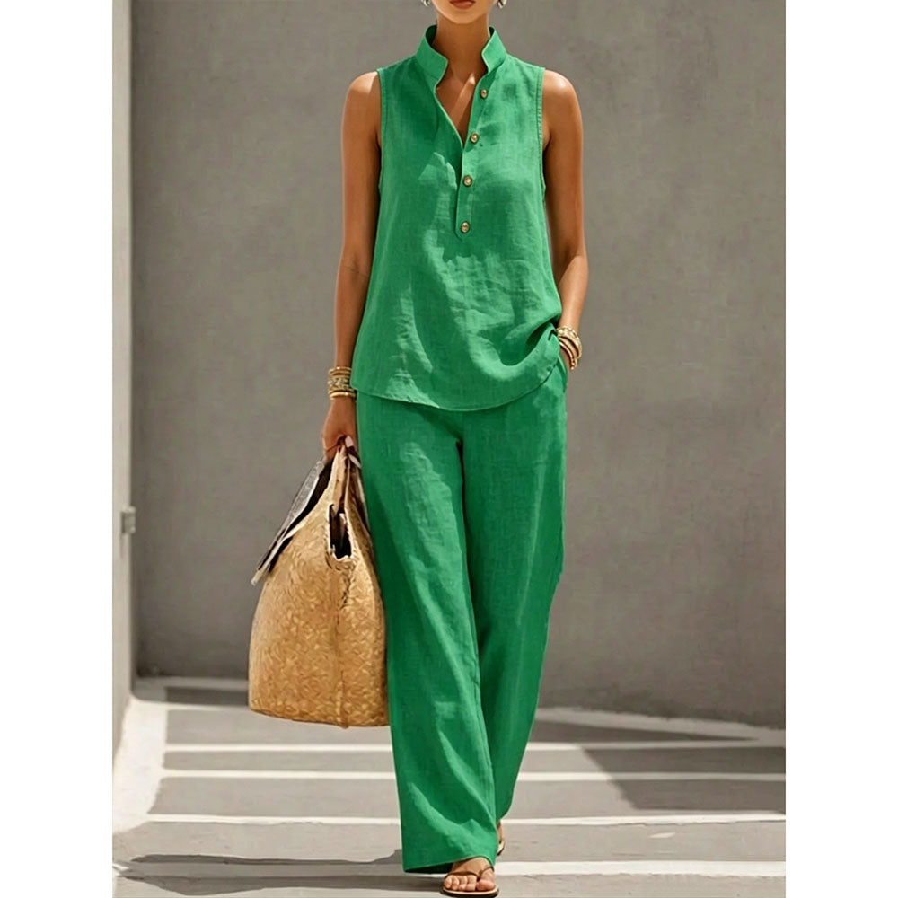 Women's Stand Collar Sleeveless Top & High-Waist Wide-Leg Pants Set