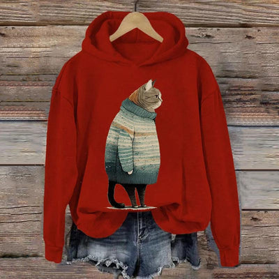 Women's Winter Cat Print Casual Hooded Sweatshirt