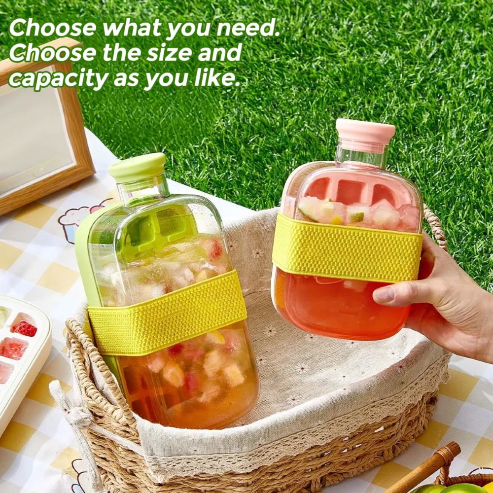 2 in 1 Ice Cube Maker Water Bottle, One- Click Ice Mould Tray with Lid, Bin & Straw