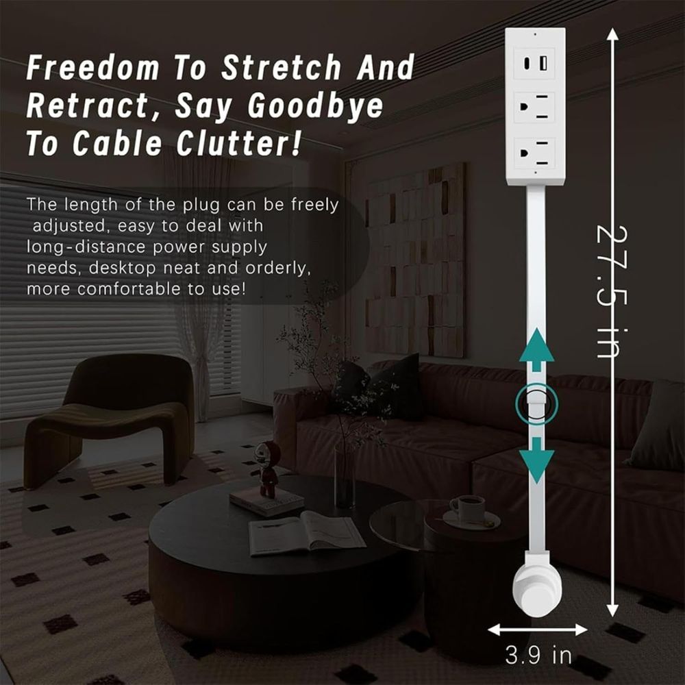 Outlet Electrical Outlet Extender with USB-A USB-C & 2 AC Outlets Extendable 18-28" Rotatable 180° for Couches Desks Nightstands