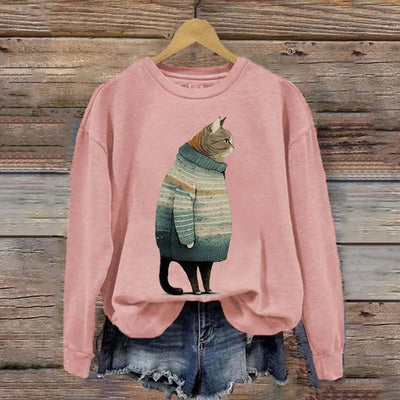 Women's Winter Cat Print Crew Neck Sweatshirt