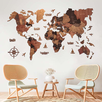 3D Wooden World Map Basswood