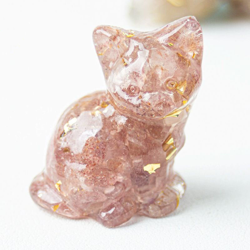 Handmade Natural Crystal Gemstone Sitting Cat - Rhodonite