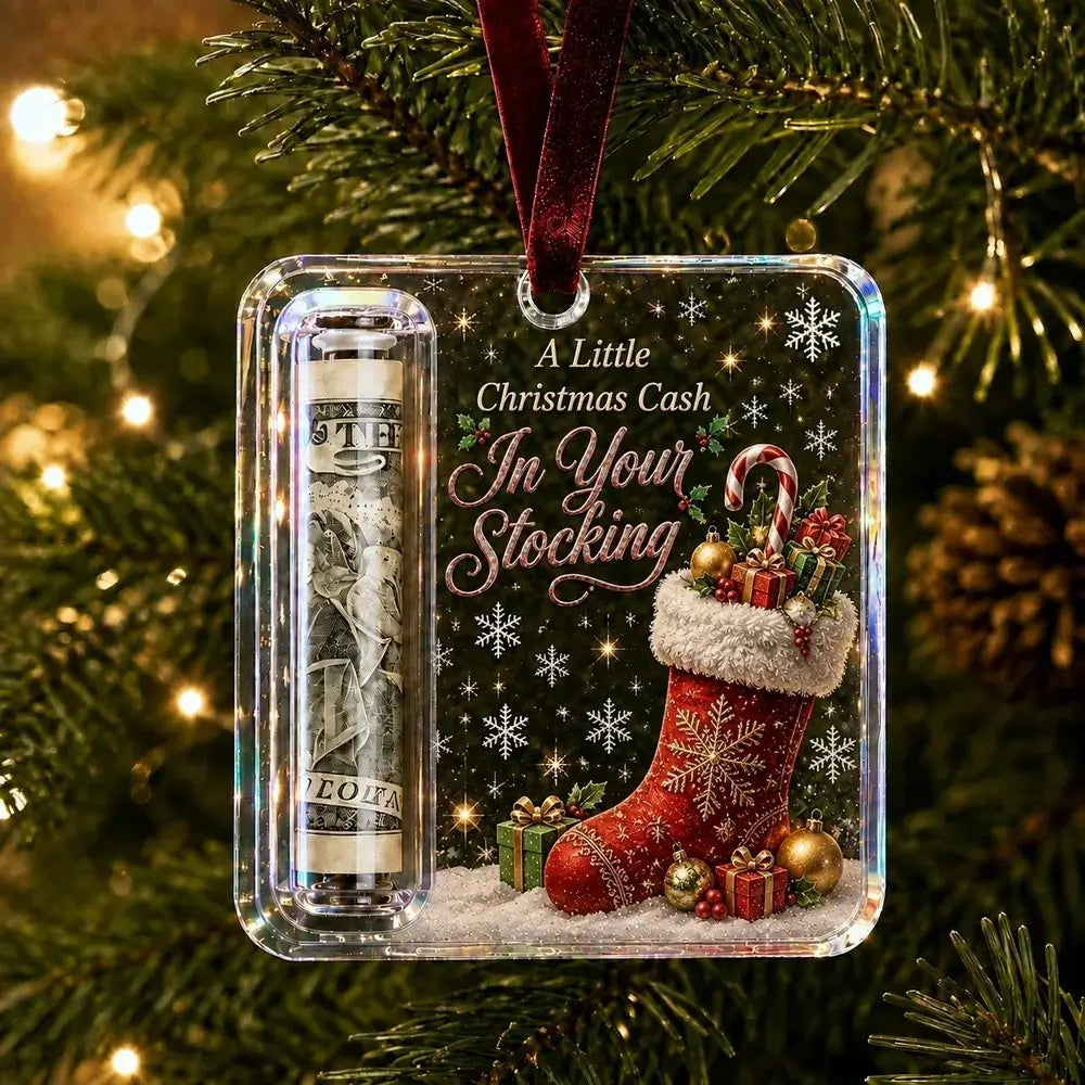 A clear acrylic Christmas ornament hanging on a decorated tree. The ornament contains a rolled dollar bill in one side and features festive graphics including a red stocking, candy cane, gifts, snowflakes, and the text 'A Little Christmas Cash In Your Stocking'.