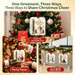 Promotional collage showing a Christmas-themed money tree ornament in three use cases: hanging under a family tree, used as a party favor, and displayed on an office desk with holiday garland. The main product is a rectangular metal ornament package with a red ribbon, featuring festive holiday illustrations and text including 'Christmas Blessings' and 'One Year at a Time.