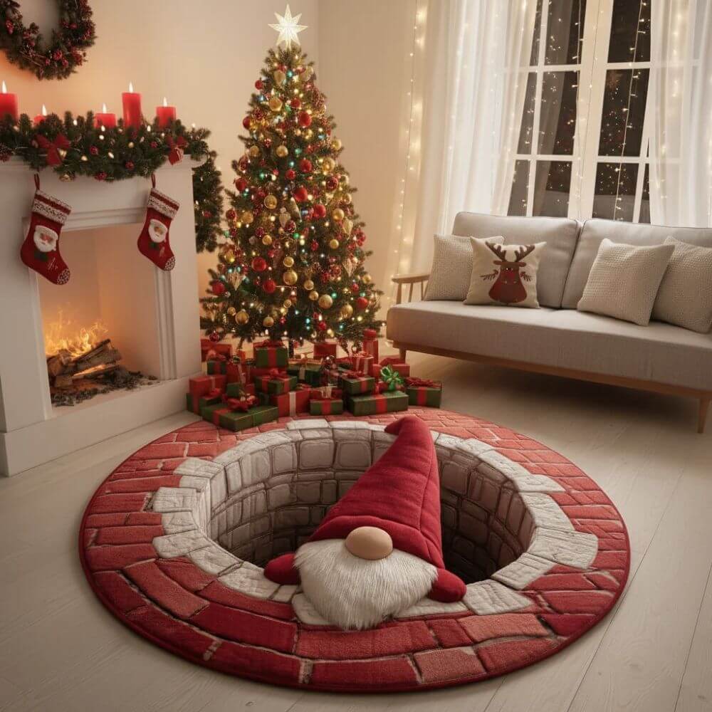 Christmas Gnome Brick Wall Round Rug - H732
