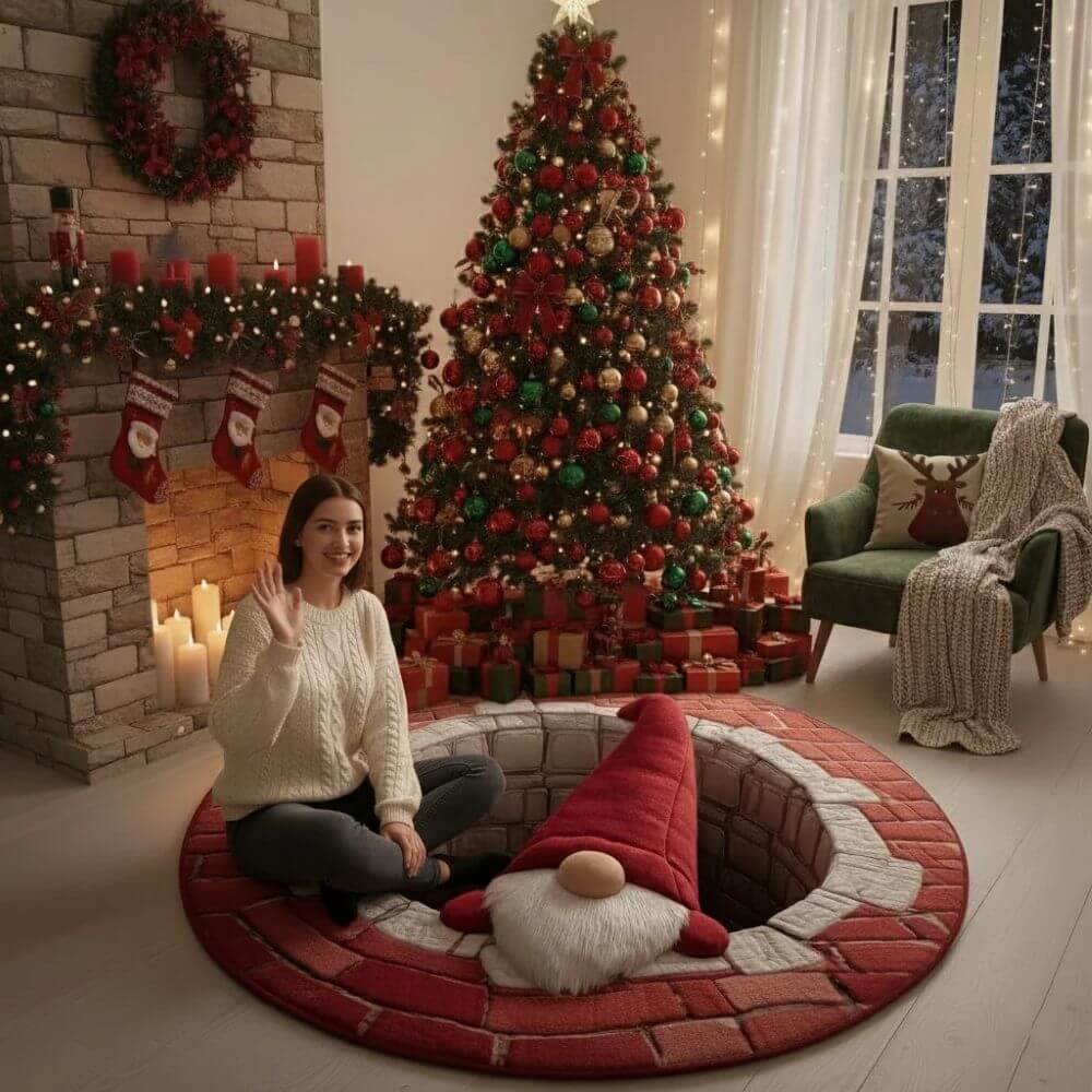 Christmas Gnome Brick Wall Round Rug - H732